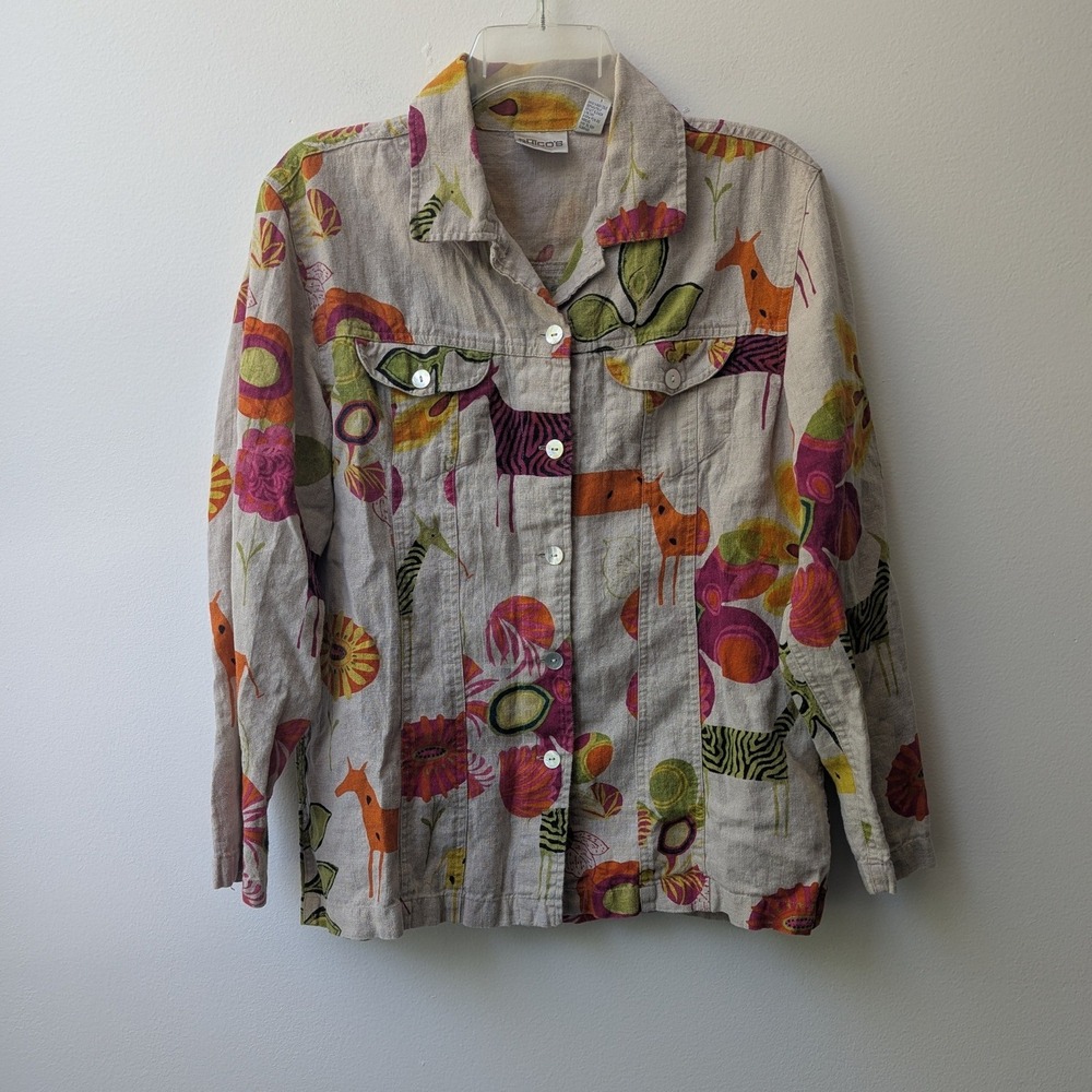 Chicos Jacket Multi-Color Animal Floral Print Linen Button Front Sz 2 (12/L)